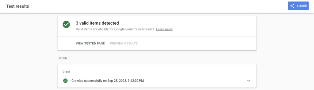 Example of the results from the analysis of schema using the Google Search Console report