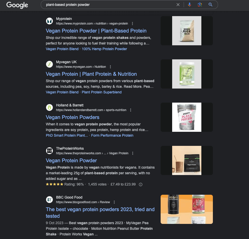 The SERP for the keyword plant-based protein powder