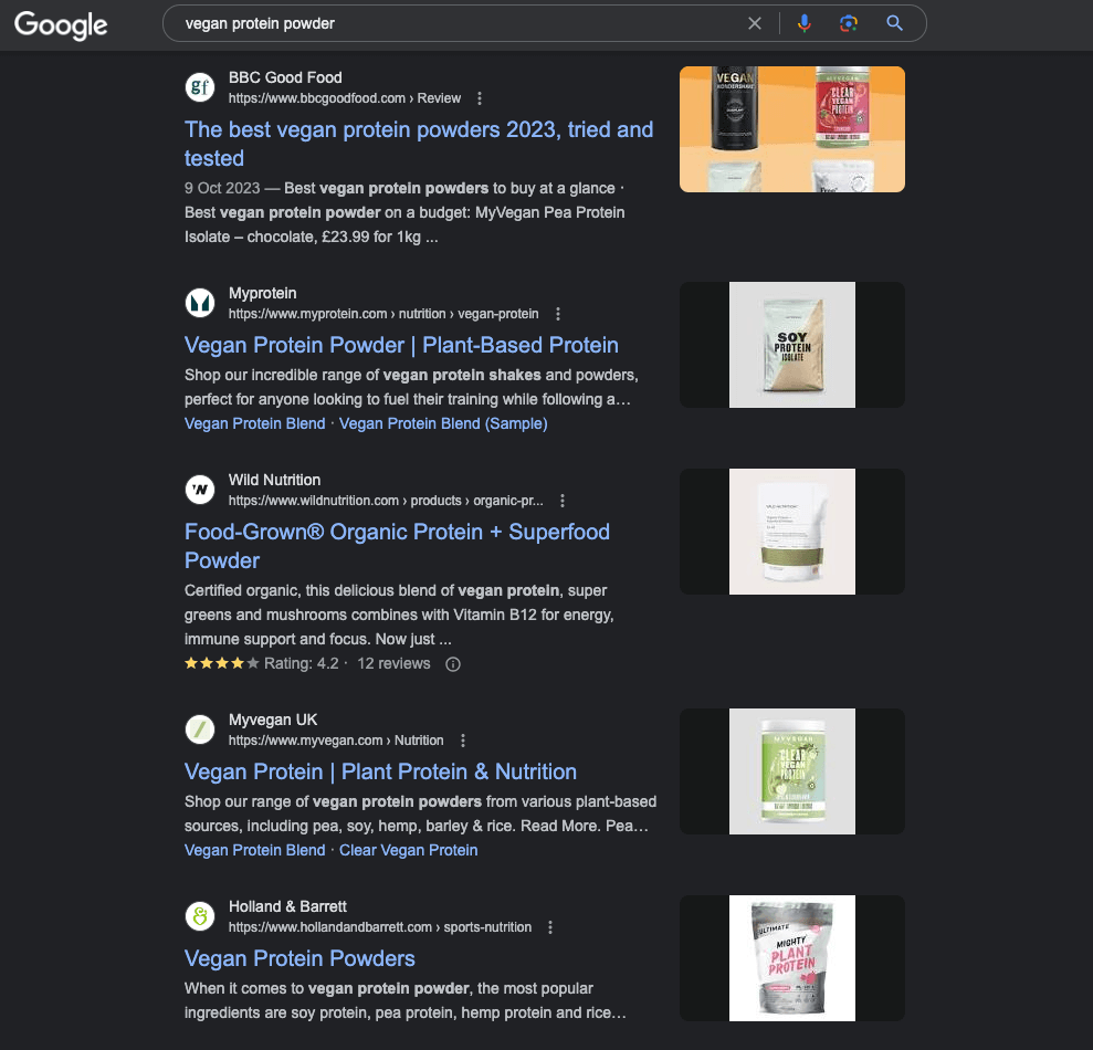The SERP for the keyword vegan protein powder