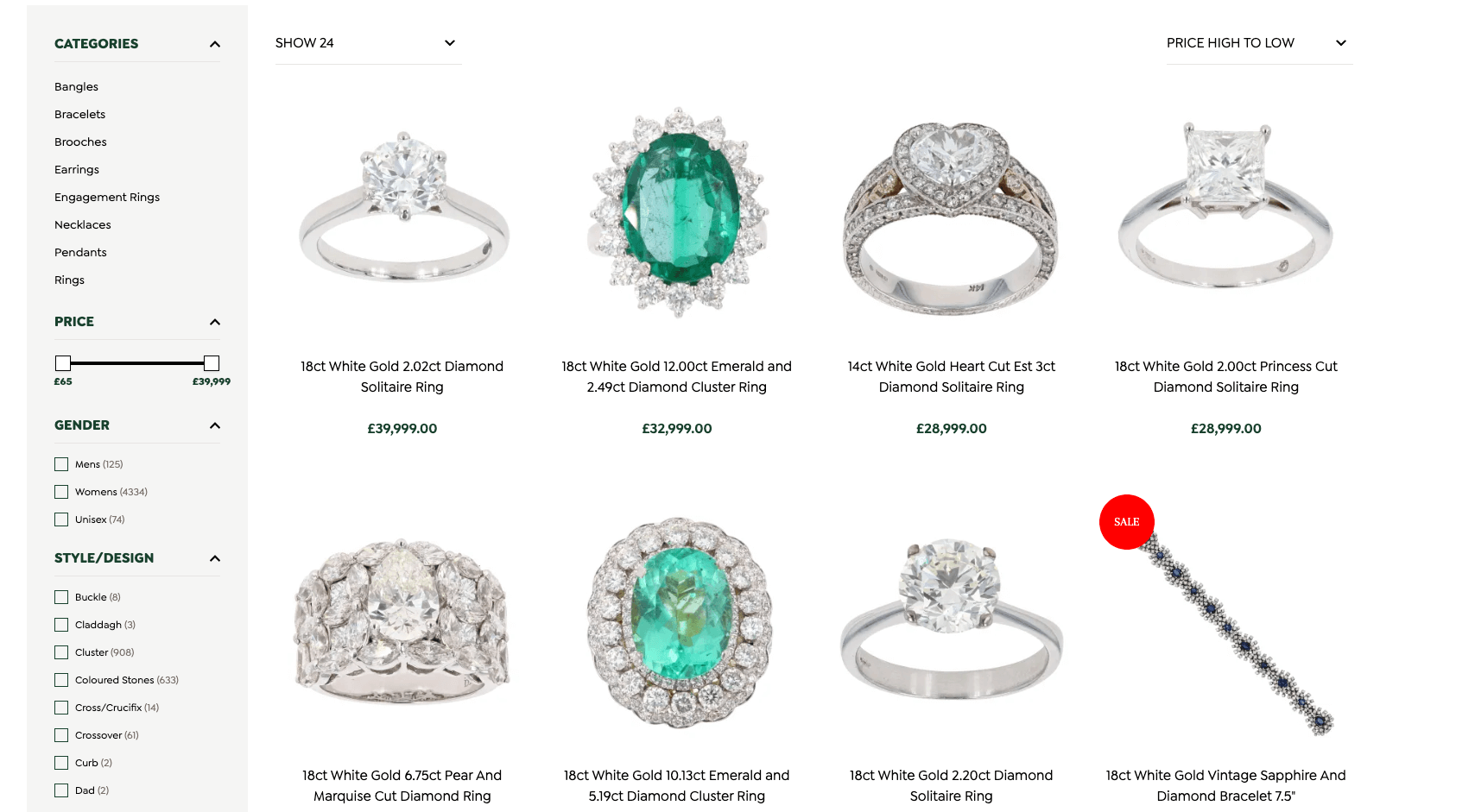 Example of filters available for a Dimond collection page