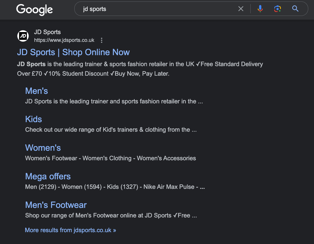 Screenshot of an example of sitelink
