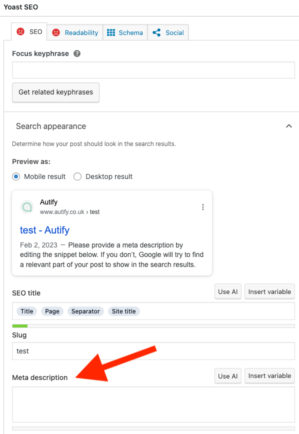 Yoast SEO panel to edit meta descriptions on WordPress/Woocommerce