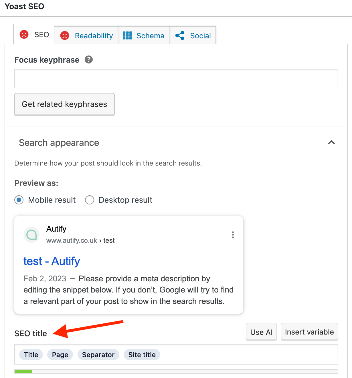 Yoast SEO panel to edit page title on WordPress/Woocommerce