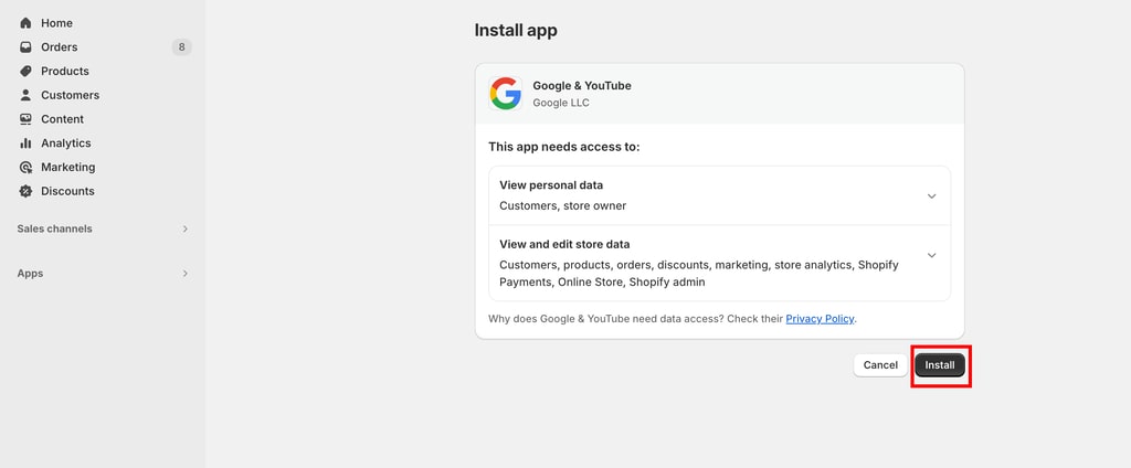 install shopify google and youtube app