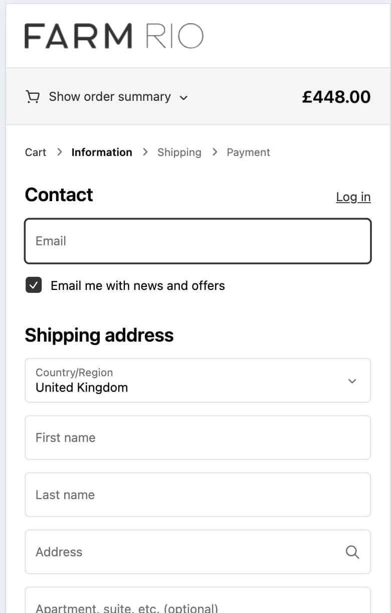 FARM RIO mobile checkout example