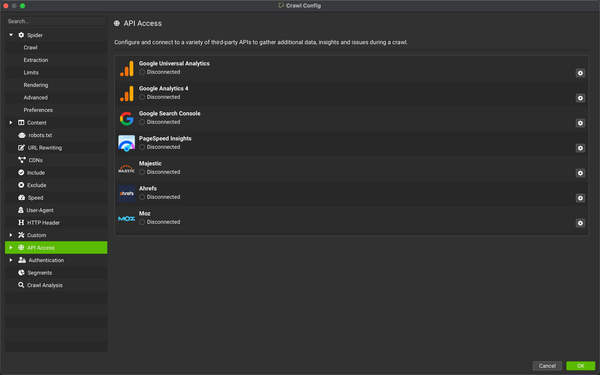 Screaming Frog’s Crawl Configuration for API Access.