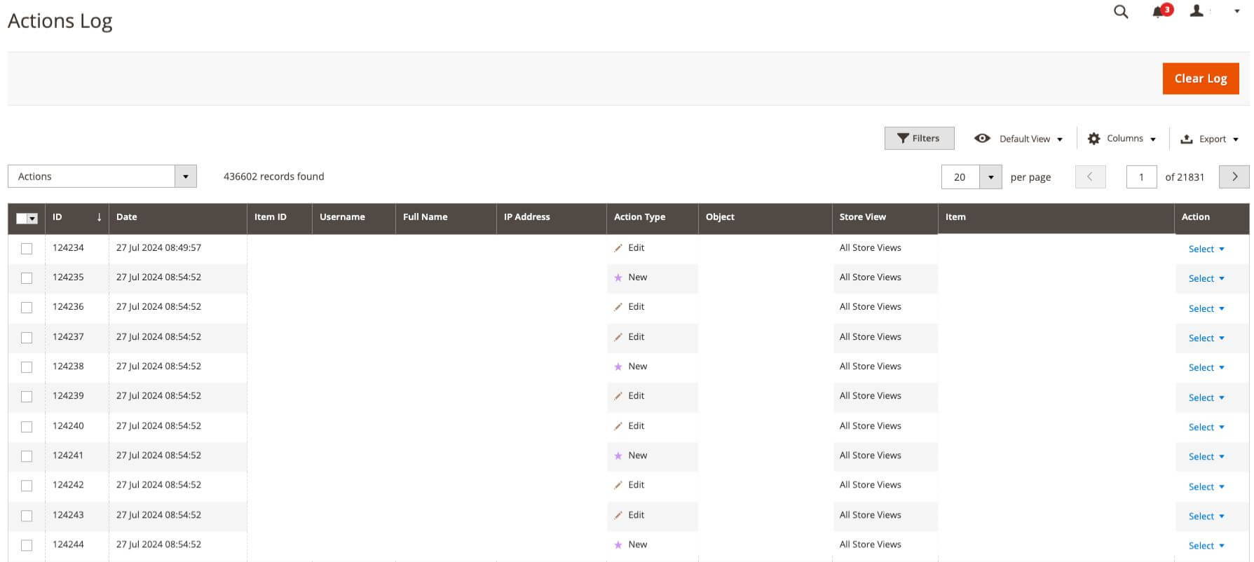 magento action log