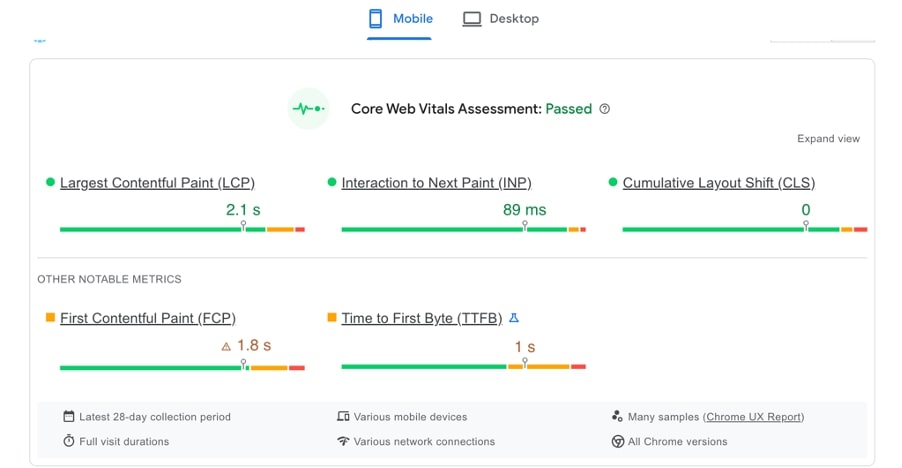 example of a website passing all core web vital checks