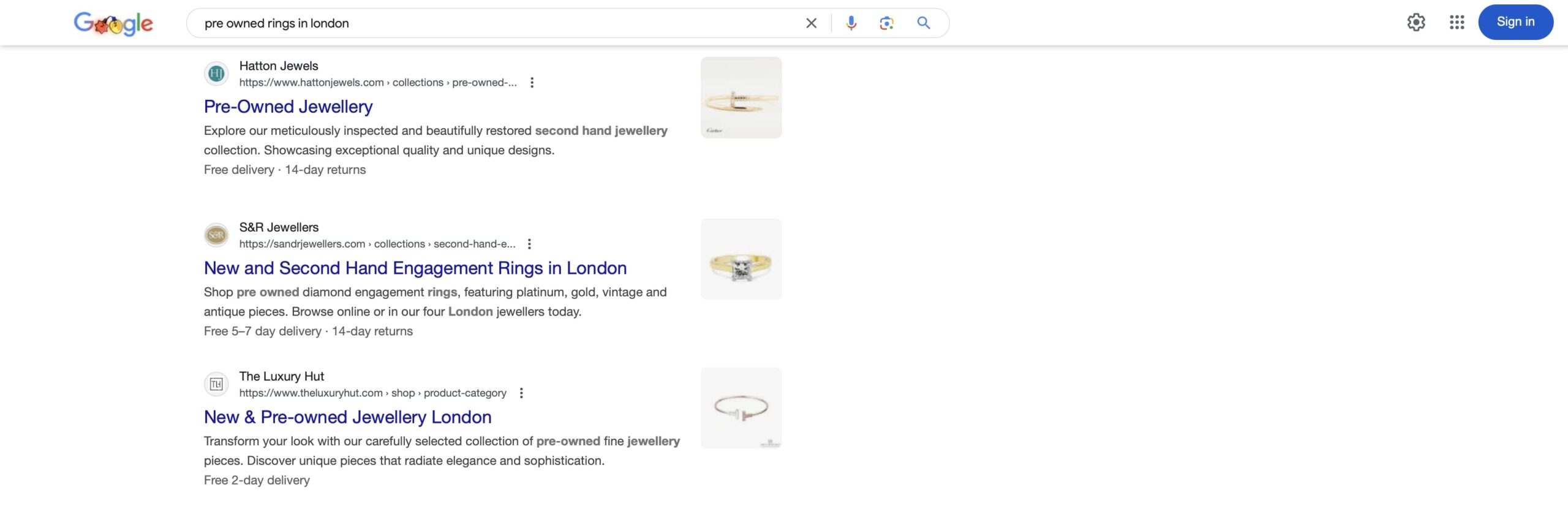 organic serp restuls for pre owned rings in london