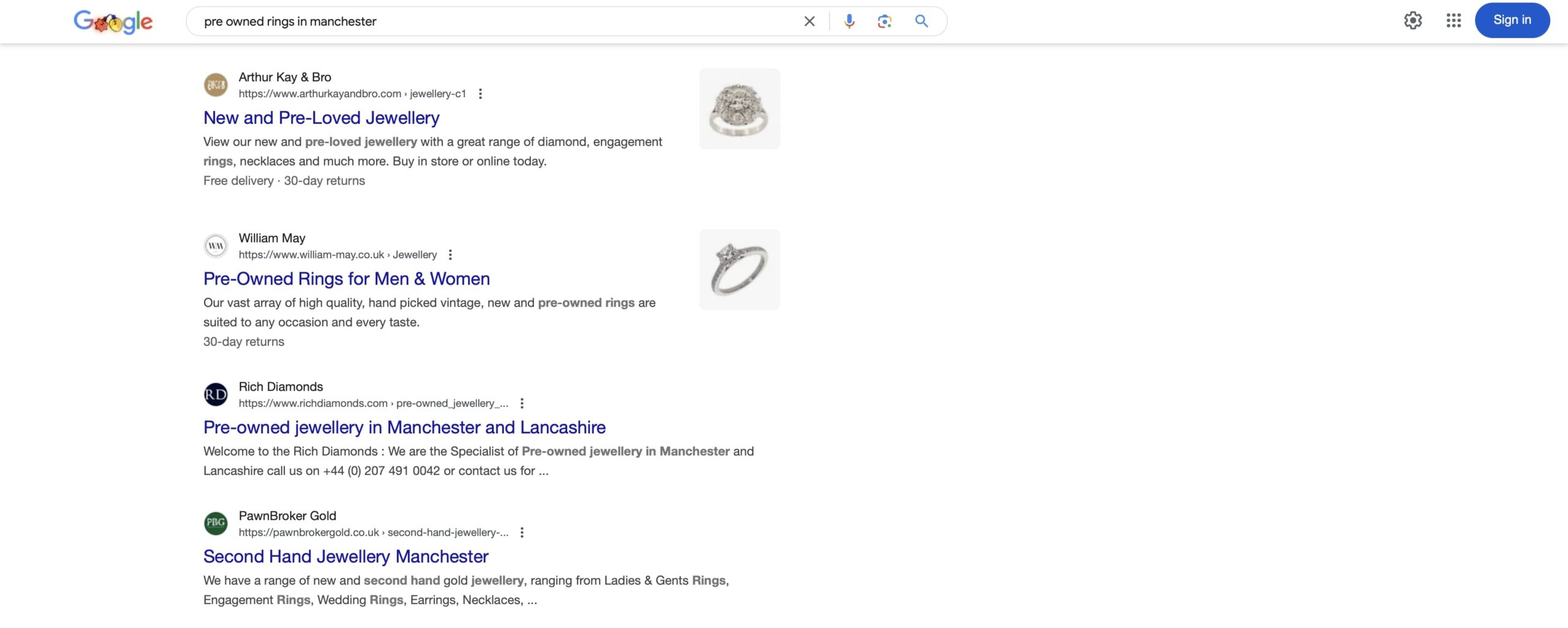 organic serp restuls for pre owned rings in manchester