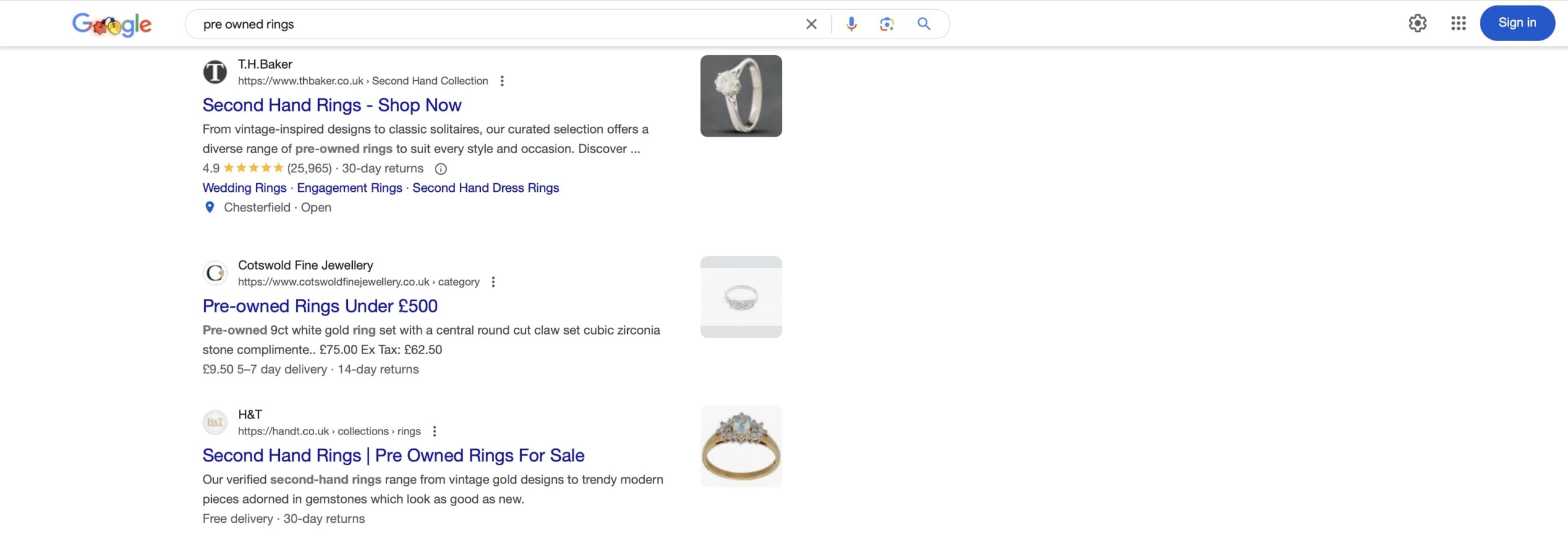 organic serp restuls for pre owned rings