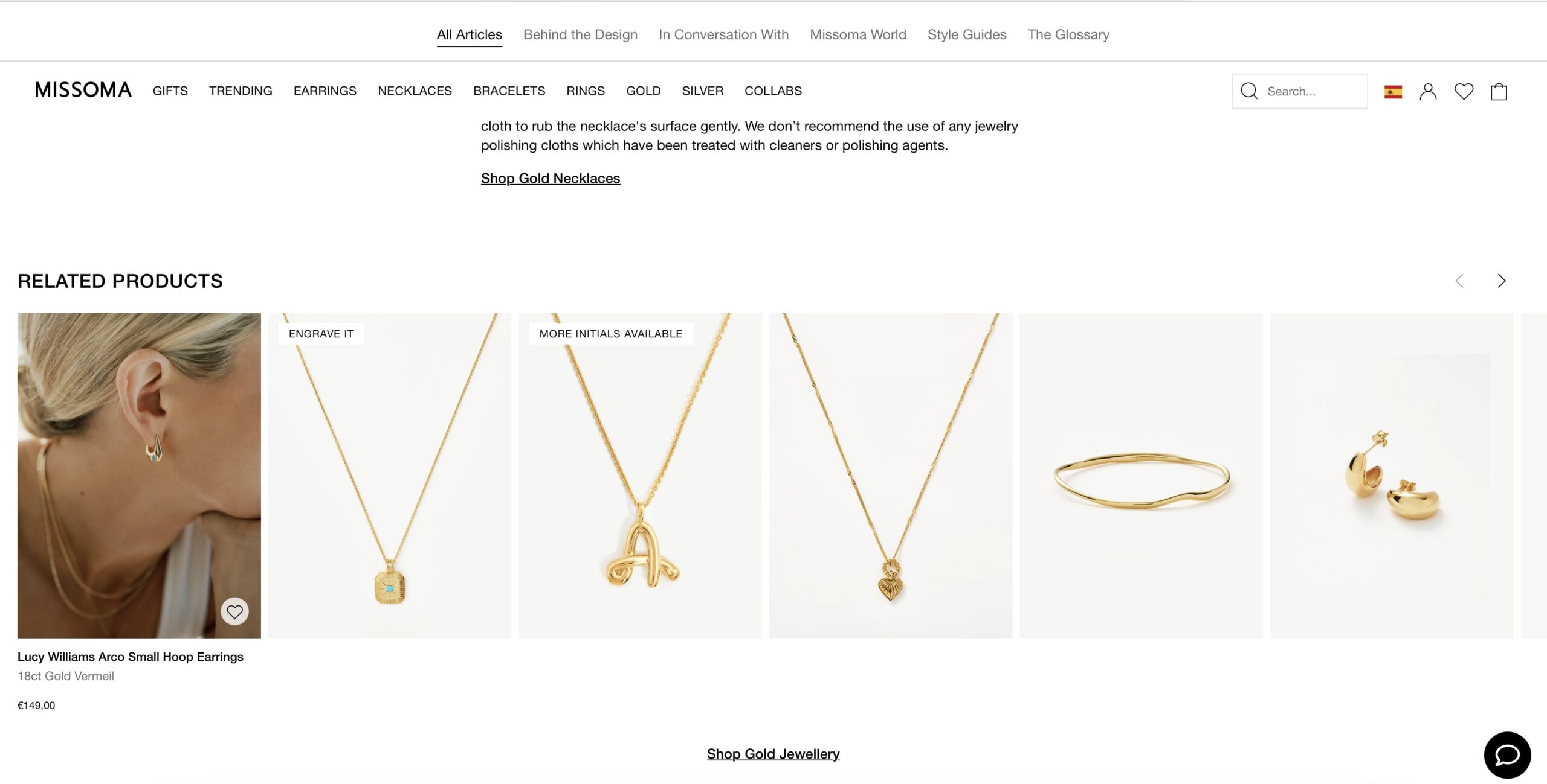 screenshot of missoma website to show their great use of call to actions