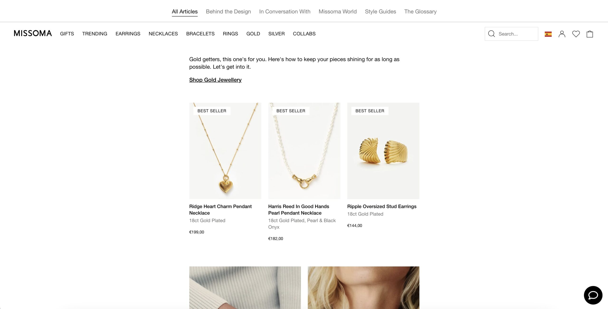 screenshot of missoma website to show their great use of call to actions second example