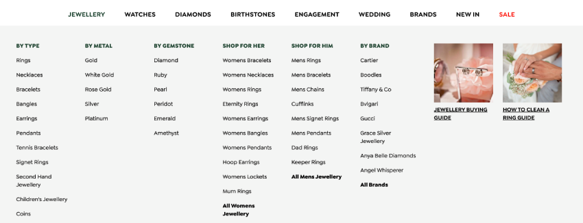 example of good menu navigation for jewellery ecommerce site