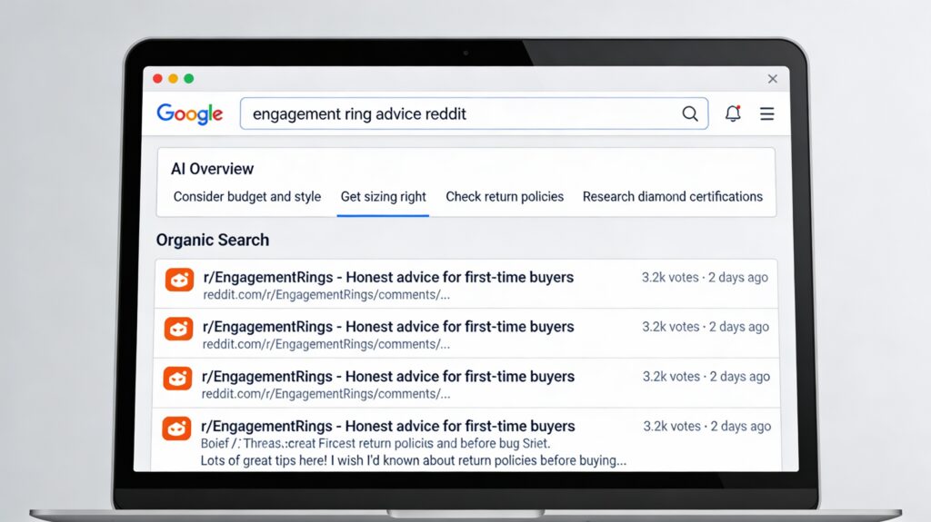 Google search results showing Reddit threads and AI Overview for product recommendations