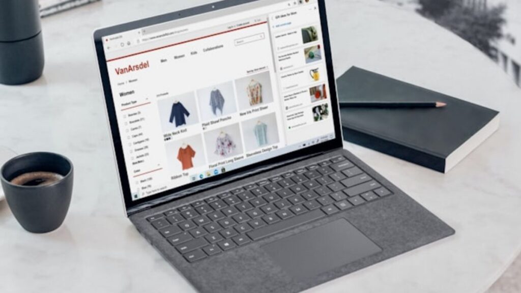 Laptop on a desk displaying an ecommerce product listing page