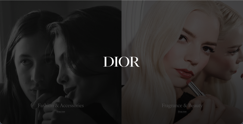 Dior luxury fashion and fragrance collections displayed on brand homepage