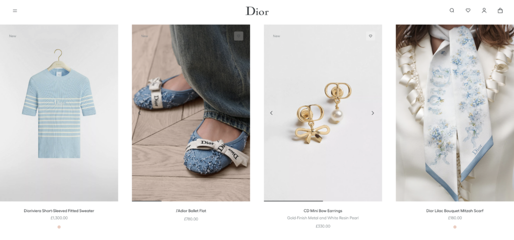 Dior new arrivals including ballet flats, earrings, sweater and scarf